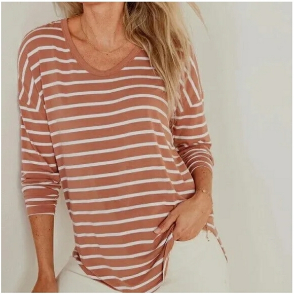 WOMEN'S LUXE Clay/Caramel STRIPE TUNIC T-SHIRT Super soft, long-sleeve, Size M - Picture 1 of 12